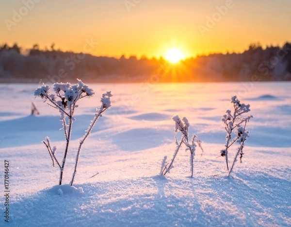 Obraz Frozen landscape with snow-covered plants, and a sunrise sky