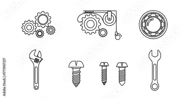 Obraz Collection of hand drawn industrial engineering mechanical elements including gears wrenches bolts and bearings