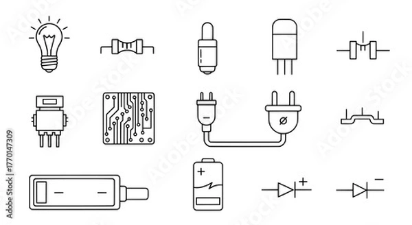 Obraz Collection of hand drawn electronic components and circuit symbols representing electrical engineering and technology concepts
