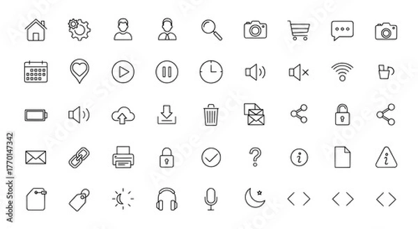 Obraz Collection of hand drawn sketch icons representing technology communication and digital concepts in a grid layout
