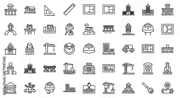 Obraz Collection of hand drawn architectural icons representing buildings construction tools and design elements on white background