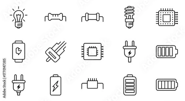 Obraz Collection of hand drawn icons representing electrical components and energy sources for technology and power concepts