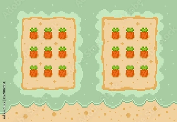 Obraz Pixel art carrot garden game asset on a mint green background. Perfect retro 8-bit design for farming, puzzle, or casual mobile video games, wallpaper, background, and sticker. Cute and simple design.