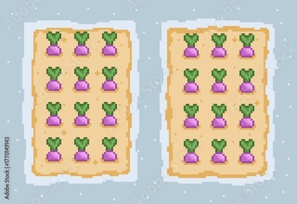 Obraz Cute pixel art turnip garden on a light blue background. Perfect game asset for farming, casual, or match-3 mobile games, sticker, wallpaper. A delightful, simple, and charming retro design.