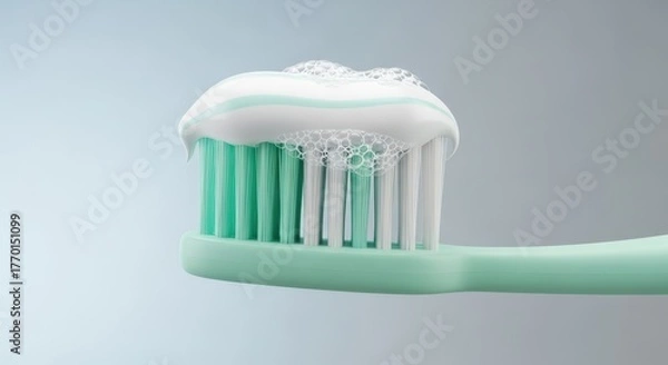 Fototapeta Mint green toothbrush with white toothpaste and frothy foam on its bristles against a clean light blue background