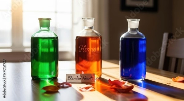 Fototapeta Bottles of colorful liquid arranged on a wooden table