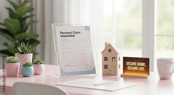 Fototapeta Clear acrylic display showing personal claim insurance document and a house model