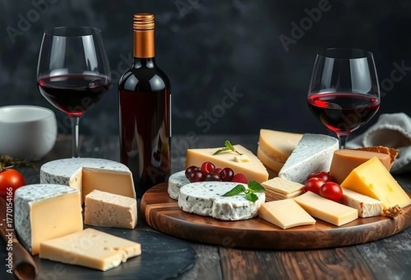 Obraz Elegant cheeseboard with assorted cheeses and bottle of red wine, nuts, grapes