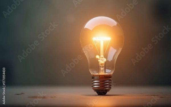 Fototapeta glowing lightbulb on a table against a softly blurred background symbolizes innovation creativity bright ideas and inspiration representing moments of clarity and potential for problem-solving