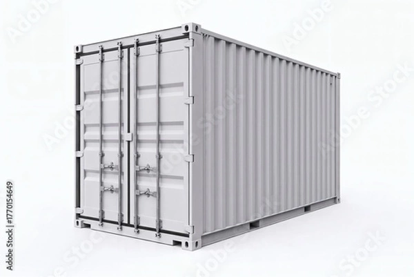 Fototapeta Industrial shipping container with closed doors, displayed on a white background, emphasizing its metallic structure and robust design