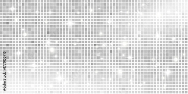 Obraz Silver glittering disco ball background. Christmas mirror backdrop with sequin mosaic and white sparkle pattern. Shine grey grid texture festive party decoration. Vector illustration.