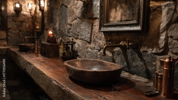 Obraz Rustic stone bathroom with wooden counter, brass fixtures, and dim, moody lighting