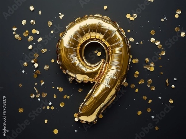 Obraz Nine year birthday.Number 9 flying foil balloon and gold confetti on black. Nine-year anniversary background. 3d rendering