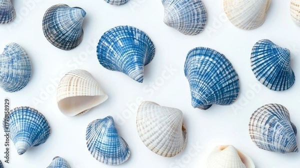Fototapeta 38.Subtle seamless pattern of blue sea shells on a white backdrop, with clean lines and delicate details, capturing the essence of the ocean and its marine life, perfect for a coastal-inspired design.