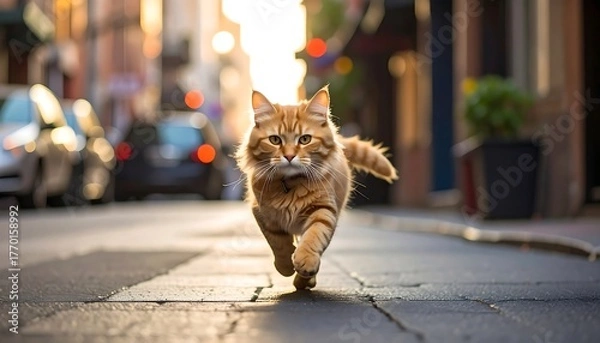 Obraz Ginger cat running down a sun-drenched city street