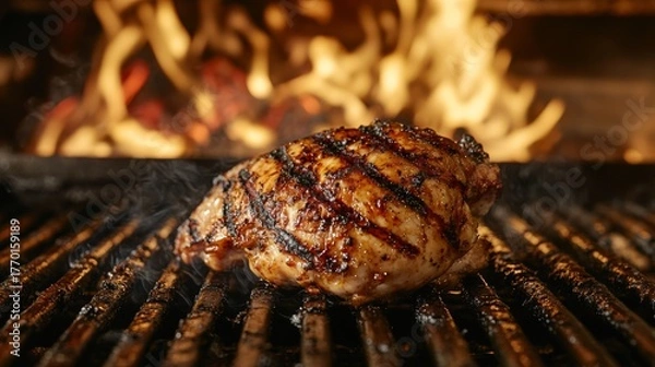 Fototapeta 59.Close-up shot of a BBQ chicken filet being grilled, golden brown and charred, surrounded by open flames and a smoky background, with rich colors of flame-kissed meat and grill marks.