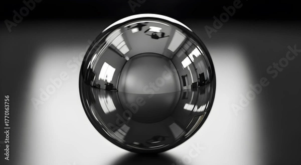 Fototapeta A shiny metal ball reflecting a room with windows and furniture on a dark surface with light