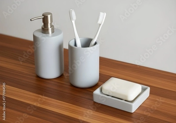 Fototapeta Minimalist bathroom countertop with soap dispenser, toothbrush holder, and bar soap