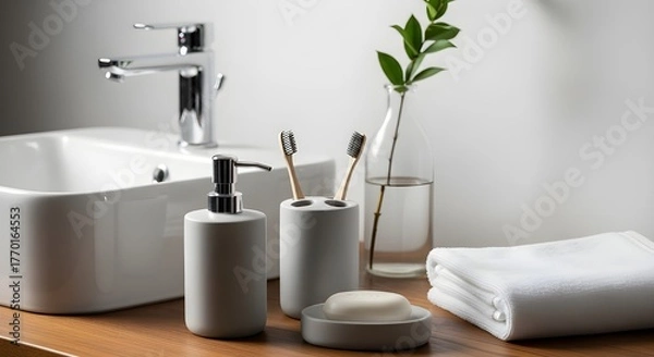 Fototapeta A clean and modern bathroom sink area featuring a dispenser, toothbrush holder, soap dish, and folded towels.