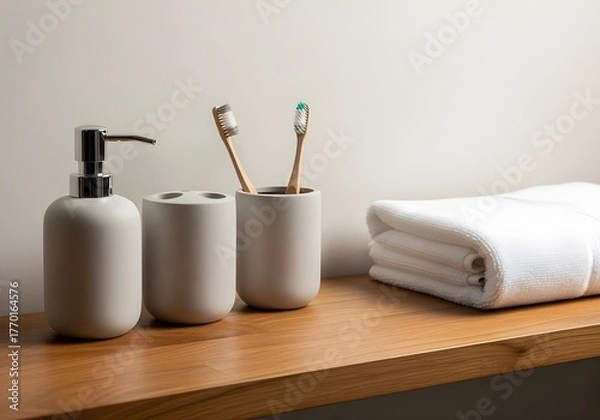 Fototapeta A minimalist arrangement of a soap dispenser, a toothbrush holder with toothbrushes, and a folded white towel on a wooden surface.