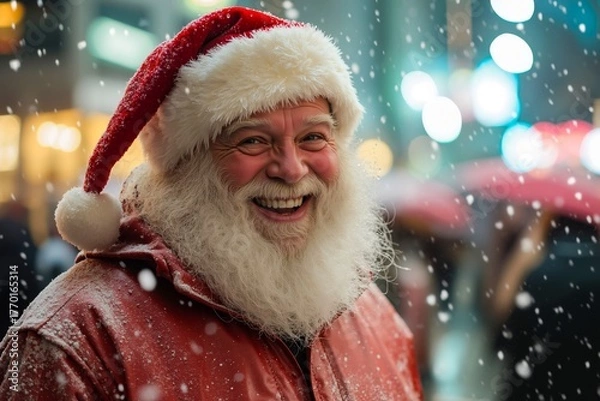 Fototapeta A man dressed as Santa Claus smiles as he walks in the snow