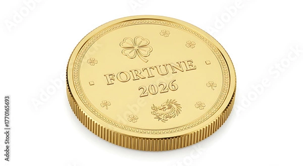 Obraz Gold Coin with 'Fortune 2026' and Clover, Symbolizing Prosperity and Luck