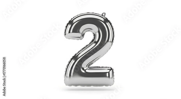 Obraz Shiny Silver Number 2 Balloon Floating Against a White Background - Perfect for Celebrations and Design Projects
