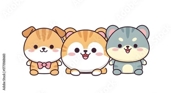 Fototapeta Cute and playful kawaii-style animals illustrated with soft pastel colors and expressive features, perfect for children’s books, greeting cards, stickers and digital graphics.