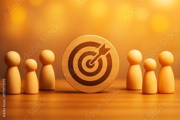 Fototapeta Teamwork and Business Goal Concept with Wooden Figures Around Target Symbol
