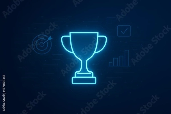 Fototapeta Futuristic glowing trophy cup with digital success concept and technology innovation background in blue tone
