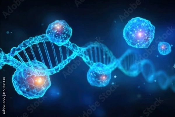 Fototapeta sleek biotech design showcasing dna helix, gene mapping overlay, animated cells and diagram of disorder pathways