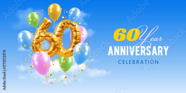 Fototapeta 60th Anniversary. Sixty years birthday celebration. Number 60 in the form of 3D realistic golden balloons on blue sky background. Greeting design template for jubilee, gala event. Vector illustration