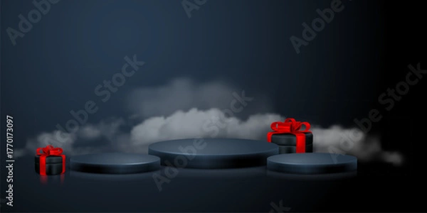 Fototapeta Scene with 3d display podiums. Template for products presentation, promotion, Black Friday Sale. Realistic circular pedestals, gift box with bow, black background with fog. Vector illustration
