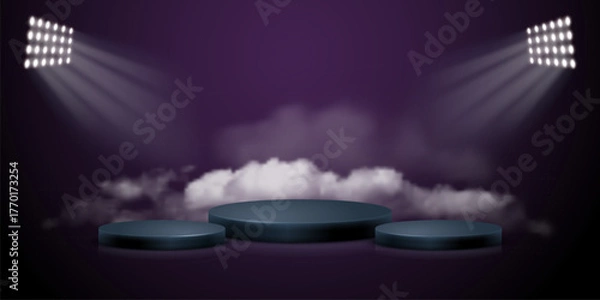 Fototapeta Template with 3d display podium for products presentation, promotion, Black friday Sale. Realistic circular pedestals illuminated by spotlights, dark purple background with fog. Vector illustration