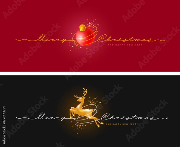 Fototapeta Merry Christmas greeting card set. Hand drawn lettering by continuous line, Christmas ball, reindeer, red and black background. Elegant 3d vector design for Christmas and New Year celebration