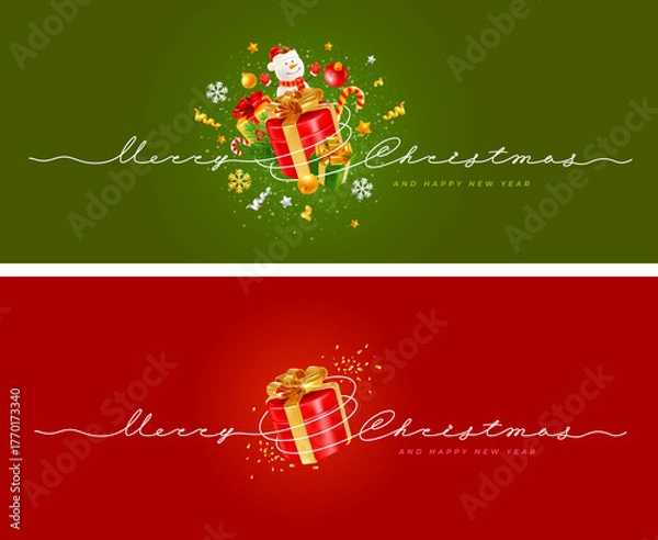 Fototapeta Merry Christmas greeting cards set. Hand drawn lettering by continuous line, 3d gift boxes, snowman, ball, green and red background. Elegant vector design for Christmas and New Year celebration