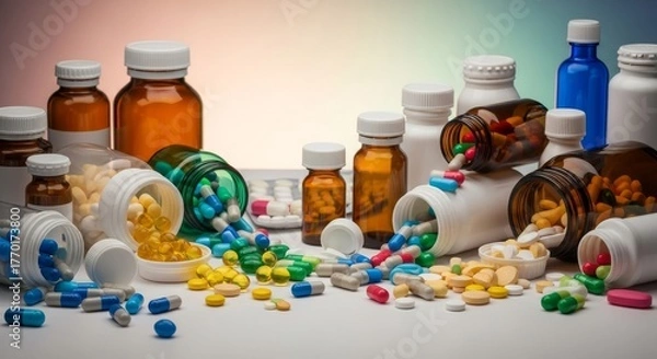 Fototapeta Assorted Medicine and Pill Bottles - An array of medicine bottles and spilled pills create a colorful still life, hinting at health and wellness concepts