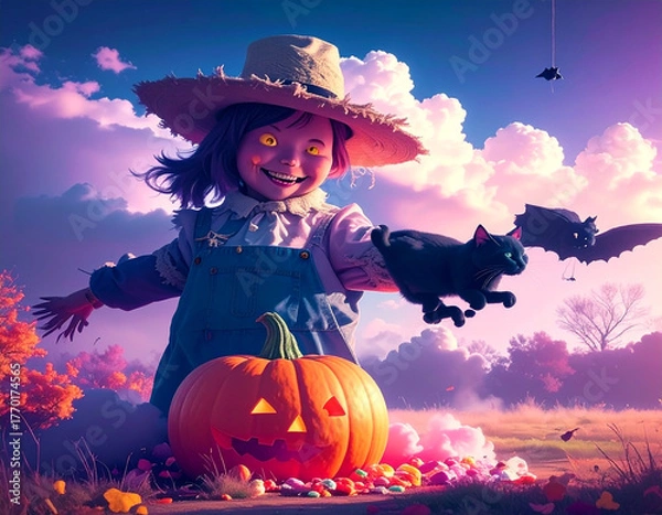 Fototapeta A grinning scarecrow child in patched overalls and a straw hat, with glowing button eyes, joyfully holds a black cat beside a glowing jack-o'-lantern, celebrating a magical Halloween night