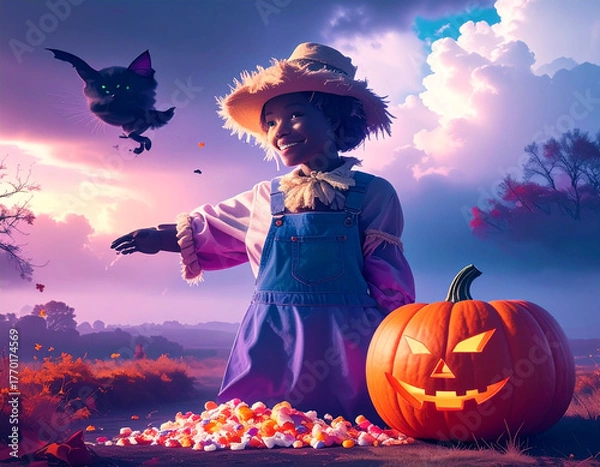 Fototapeta A grinning scarecrow in overalls enjoys a magical autumn twilight with a glowing jack-o'-lantern, a flying black cat, and colorful Halloween candy