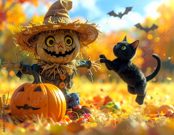 Fototapeta Whimsical Halloween Scene Scarecrow, Black Cat, and Pumpkin in Autumnal Delight