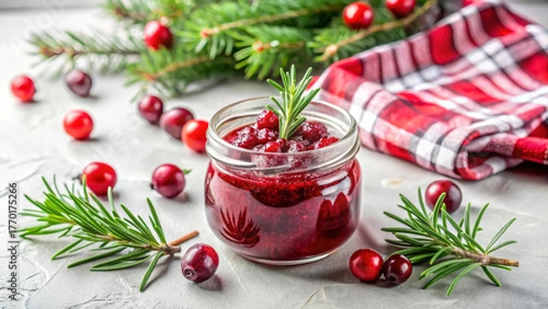 Obraz Bright red cranberry sauce sits in a glass jar, garnished with fresh herbs, surrounded by cranberries and pine sprigs. This festive display captures the spirit of Christmas and New Year celebrations