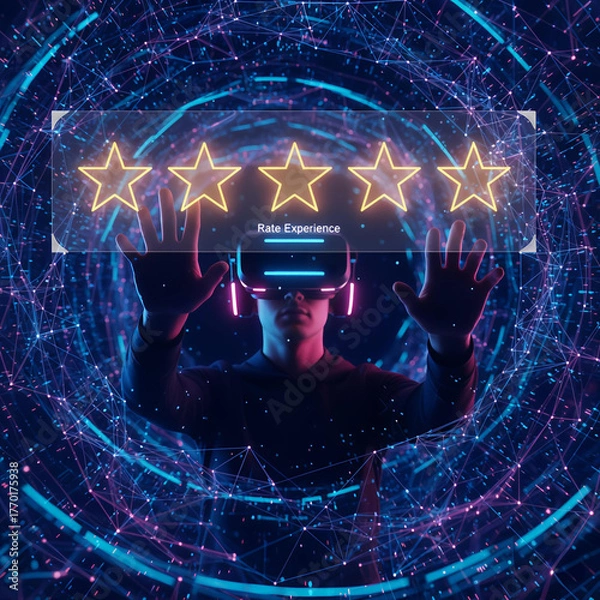 Fototapeta Virtual reality user experiences five star rating with digital background