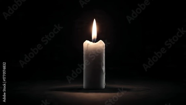 Fototapeta A single white pillar candle burns brightly with a warm flame against a dark textured background fire background burning