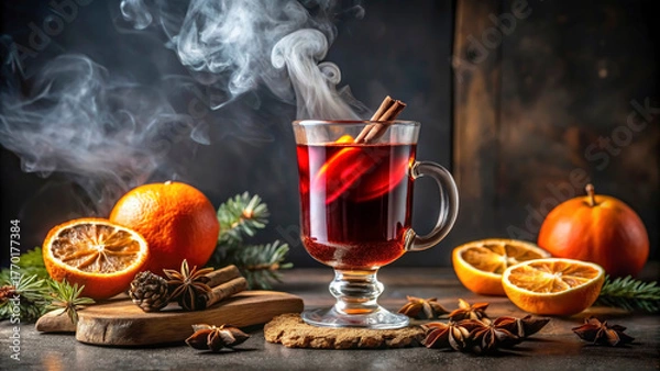 Fototapeta A cozy scene featuring a glass of warm spiced drink with smoke rising. Fresh oranges and cinnamon sticks surround the glass, perfect for holiday gatherings in winter 2026