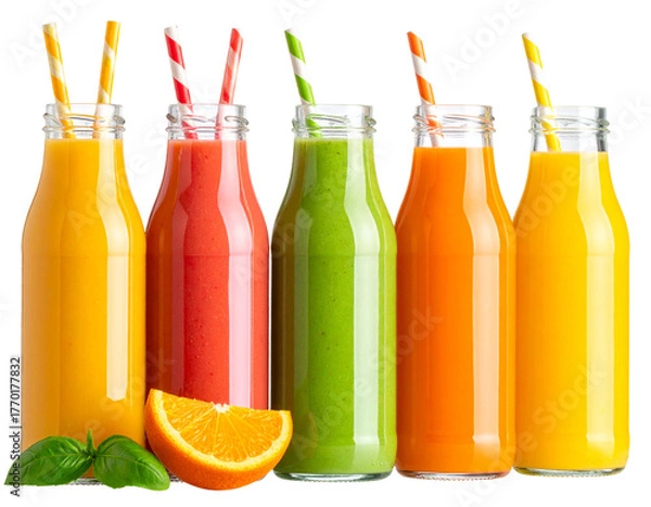 Fototapeta Row of healthy fresh fruit and vegetable smoothies with assorted ingredients served in glass bottles with straws isolated on transparent background 