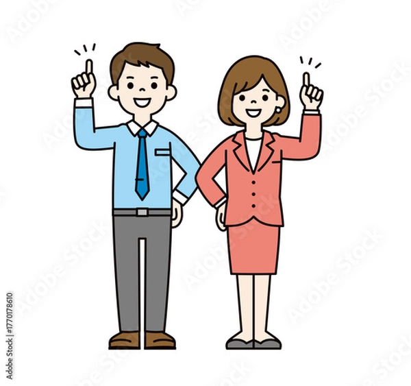 Fototapeta 笑顔でポイントを伝える、男女のビジネスマンの全身ベクターイラスト素材セット＿カラー