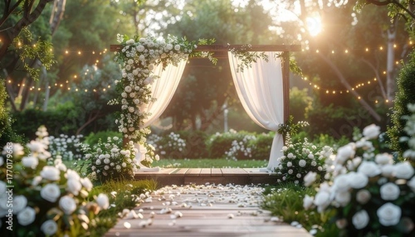 Obraz An enchanting garden wedding arch adorned with white roses, draped fabric, and string lights, creating a romantic and elegant outdoor ceremony setting under the trees.