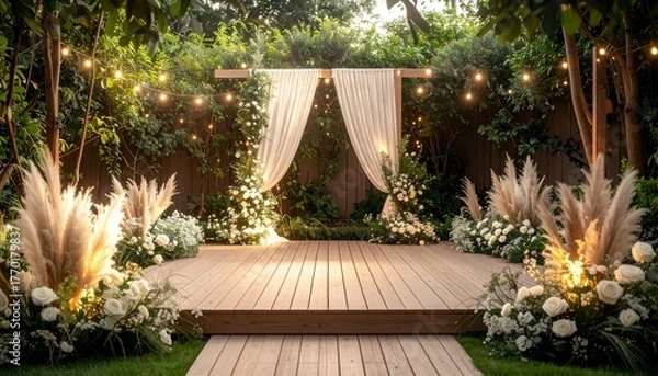 Obraz A romantic outdoor wedding setup under twinkling lights, with white flowers, draped fabric, and elegant natural décor creating a dreamy, intimate ceremony atmosphere