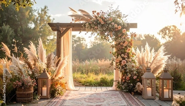 Obraz Romantic outdoor wedding arch with soft floral arrangements, pampas grass, and lanterns — a dreamy setting bathed in warm sunlight for an intimate celebration