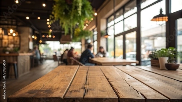 Fototapeta Inviting rustic wood table in modern cafe setting with blurred background of people enjoying coffee and conversation, perfect for restaurant advertising